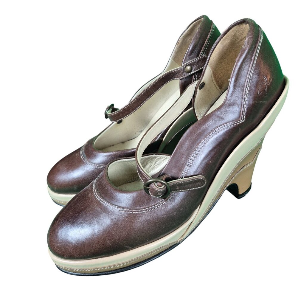 JOHN FLUEVOG Sally Jane PinUps Dark Brown Cream Leather Scalloped Wedge US Sz  8